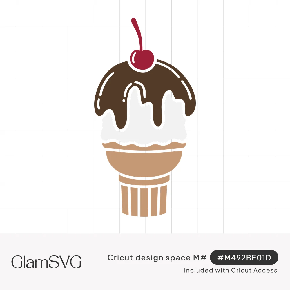 Vanilla ice cream in a cake cone with dripping chocolate topping and a red cherry on top