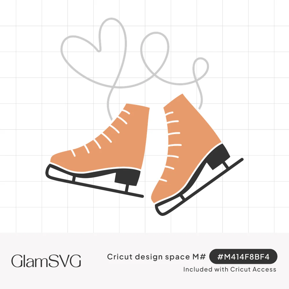Two peach figure skates with dark blades and gray laces looping upward into a heart shape
