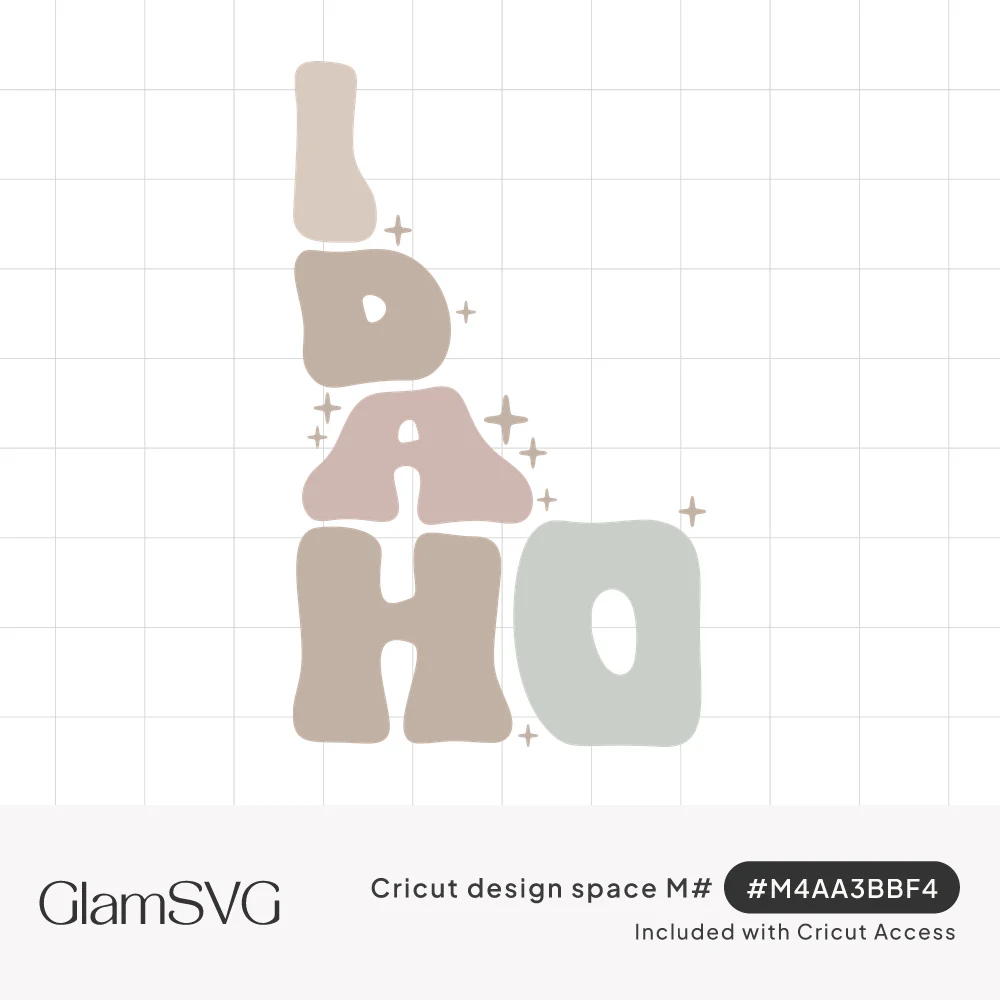 Bubble letters spelling IDAHO stacked into the state's shape in taupe, blush and sage, with small sparkles around them