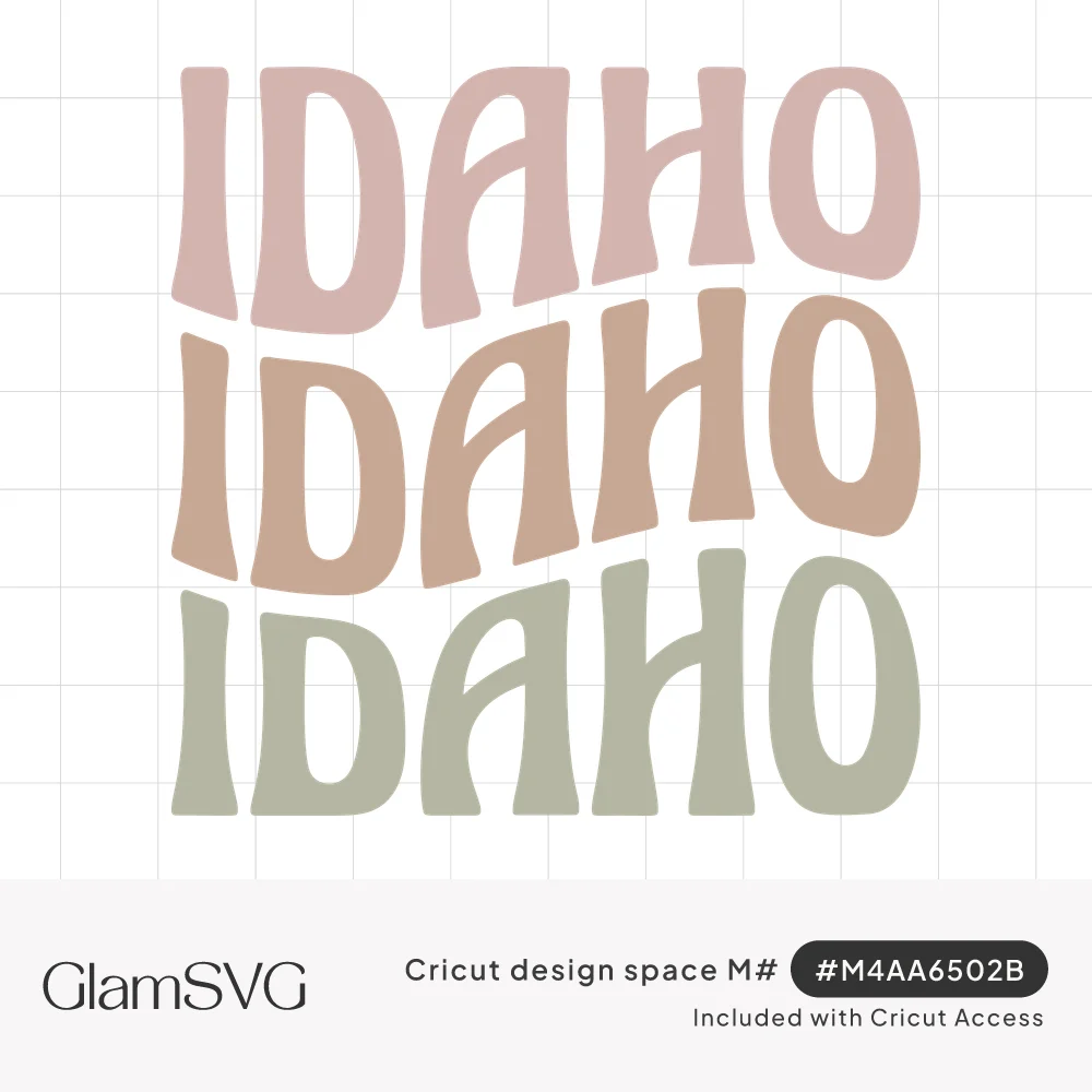 The word Idaho repeated three times in stacked wavy retro letters in dusty pink, terracotta and sage green