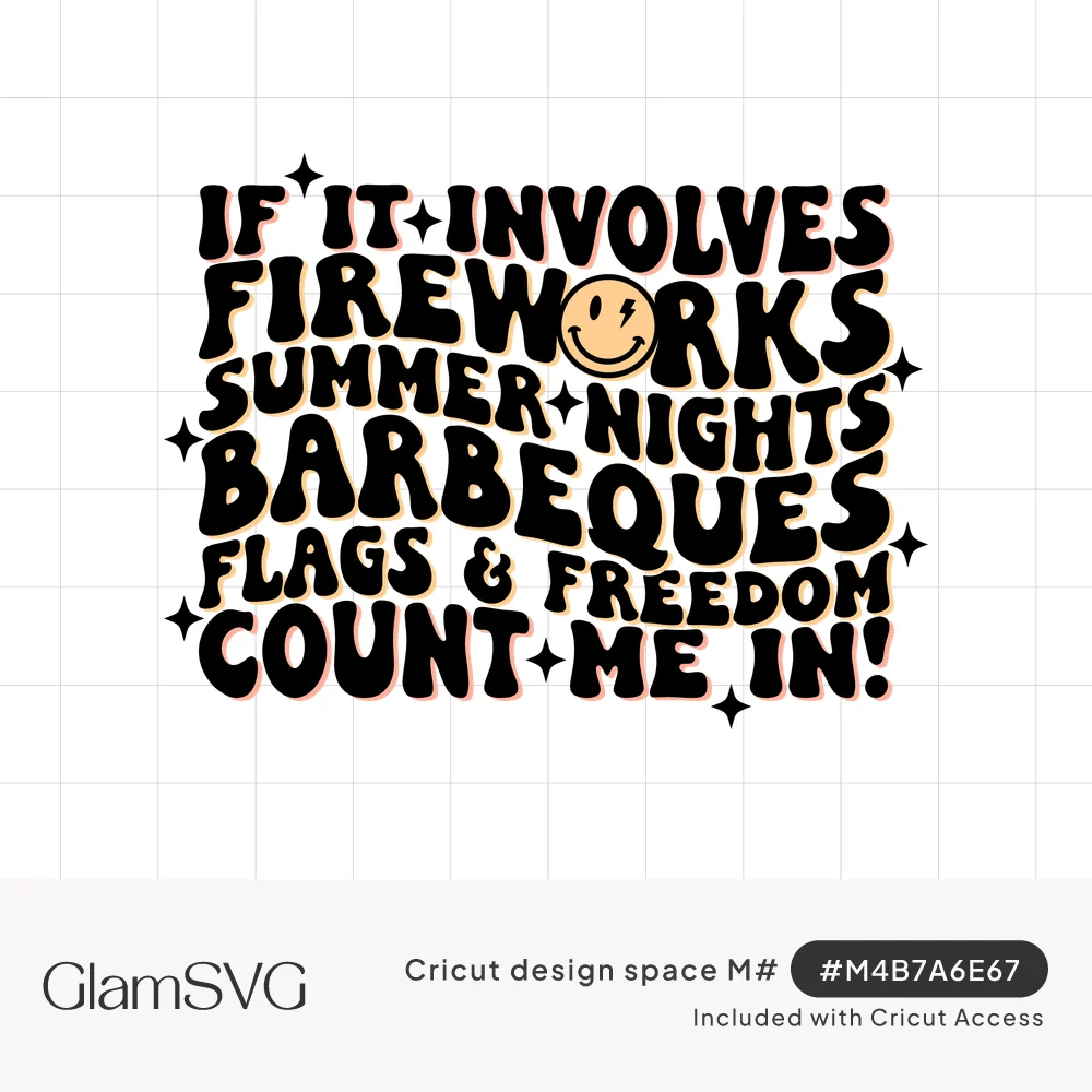 Wavy black retro lettering of a Fourth of July saying with a lightning bolt smiley face and sparkle stars