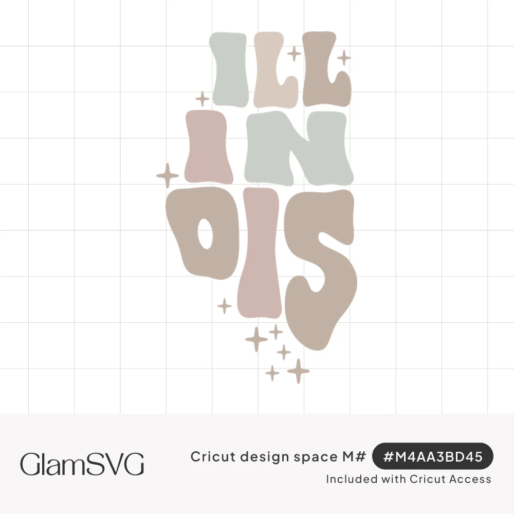 Groovy wavy letters spelling Illinois in muted pastel tones, stacked in the state shape with small sparkle stars