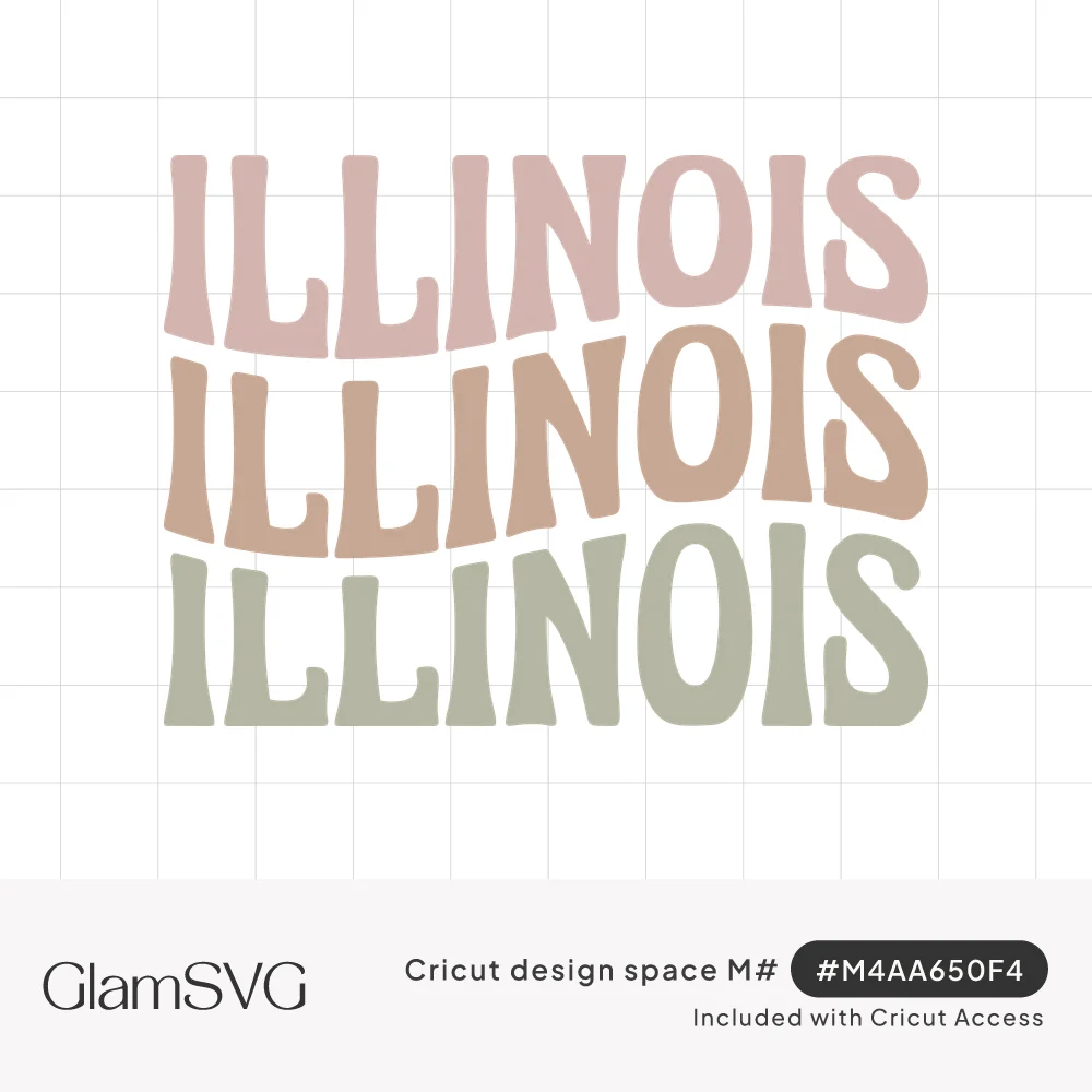 The word Illinois repeated three times in wavy bold retro letters in dusty pink, terracotta and sage green