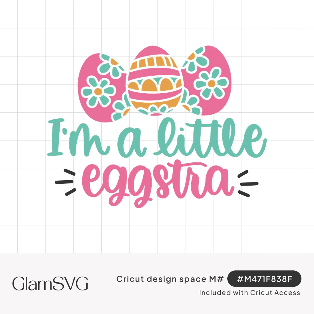 Three decorated pink and orange Easter eggs with teal daisies above script text reading I'm a little eggstra