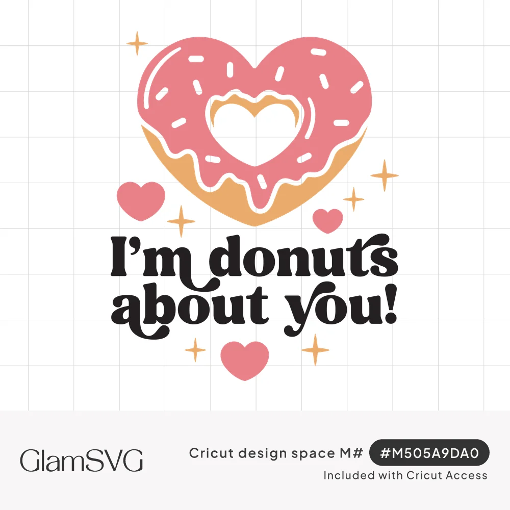 Heart-shaped donut with pink frosting and sprinkles above retro text reading I'm donuts about you, with hearts and sparkles