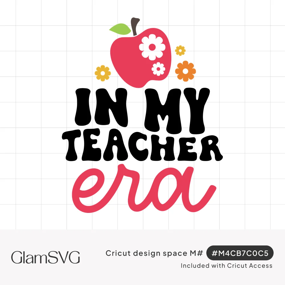 Pink apple with white daisies above wavy black text reading In My Teacher and pink script reading era, with small flowers