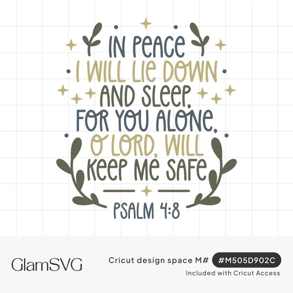 Hand-lettered Psalm 4:8 verse in blue, green and gold, framed by leafy sprigs and small sparkles