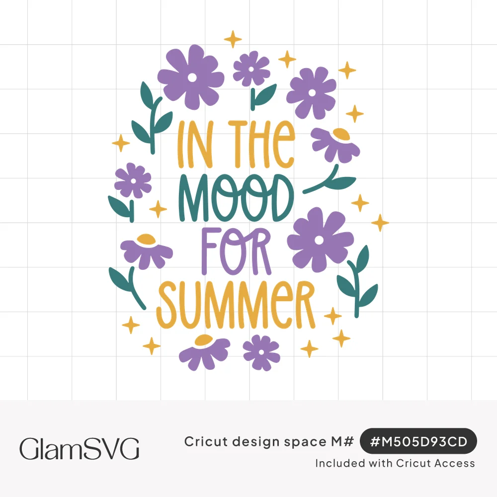 Hand-lettered "In the mood for summer" in yellow, teal and purple surrounded by purple daisies, green stems and gold sparkles