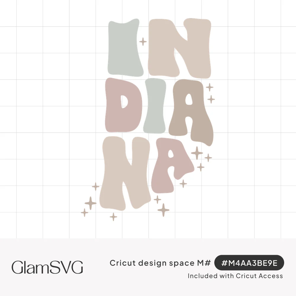 Wavy groovy letters spelling INDIANA in muted sage, blush and taupe, stacked in the state's shape with small sparkles
