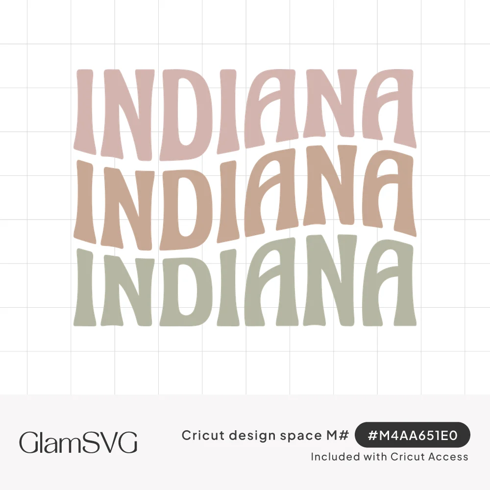The word Indiana stacked three times in wavy retro lettering in dusty pink, terracotta and sage green