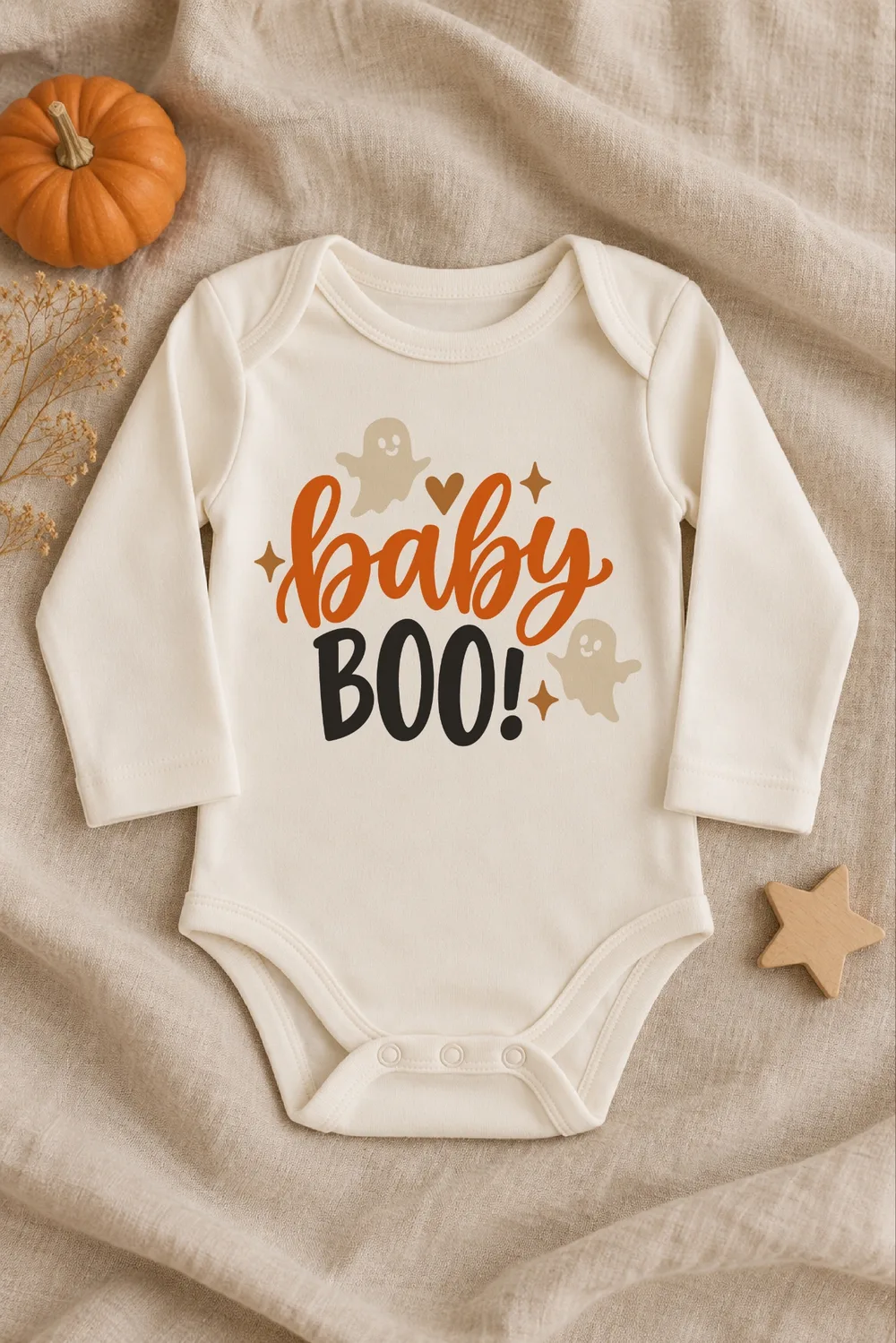 Cream long-sleeve baby bodysuit on beige linen with a pumpkin, reading baby BOO! with ghosts, a heart and stars