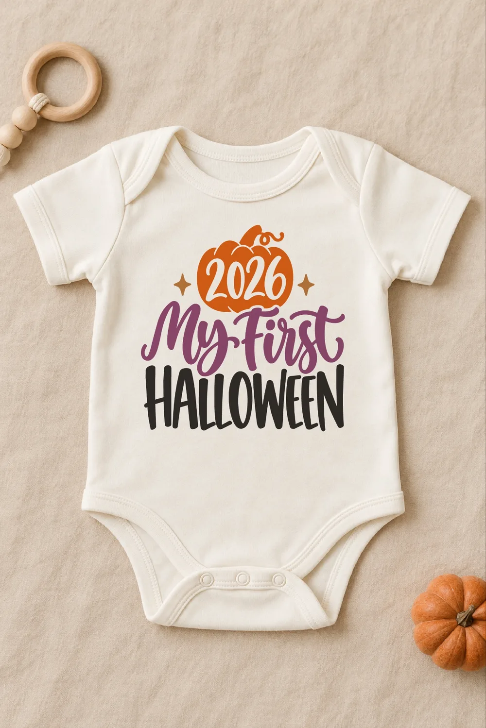 Cream baby bodysuit on beige linen with an orange pumpkin, 2026, and My First Halloween in purple and black lettering