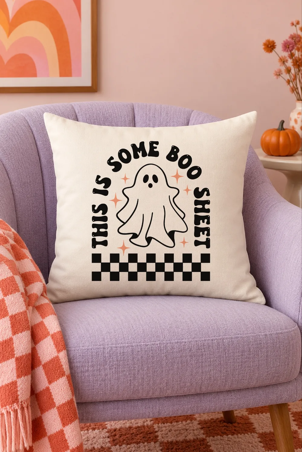 Cream pillow on a lavender armchair with a ghost, peach sparkles, checkerboard and This Is Some Boo Sheet in black text
