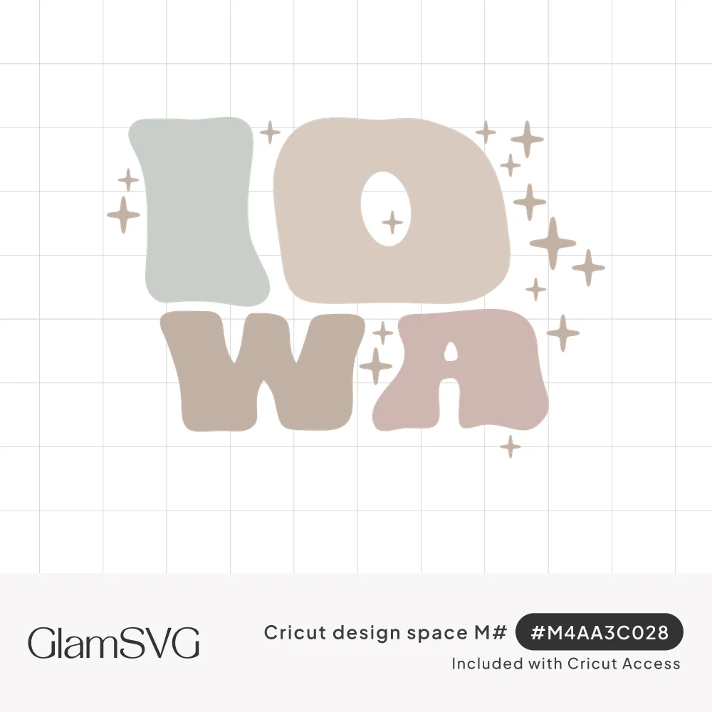 Wavy bubble letters spelling IOWA in muted sage, beige, taupe and dusty pink with small sparkles around them