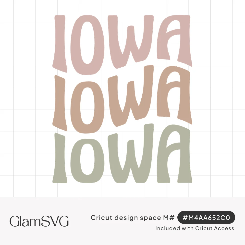 The word Iowa stacked three times in wavy retro lettering in dusty pink, terracotta and sage green