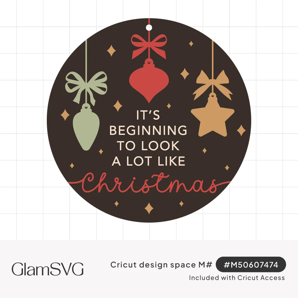 Round Christmas design with green, red and gold hanging ornaments, sparkles and the words It's Beginning to Look a Lot Like C