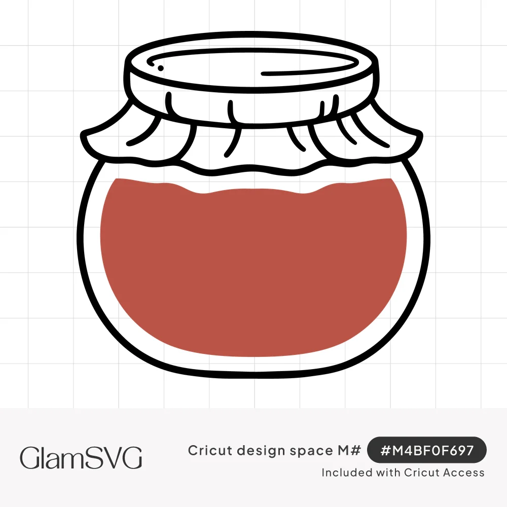 Round glass jar filled with red jam, lid covered by a gathered cloth topper, drawn with bold black outlines
