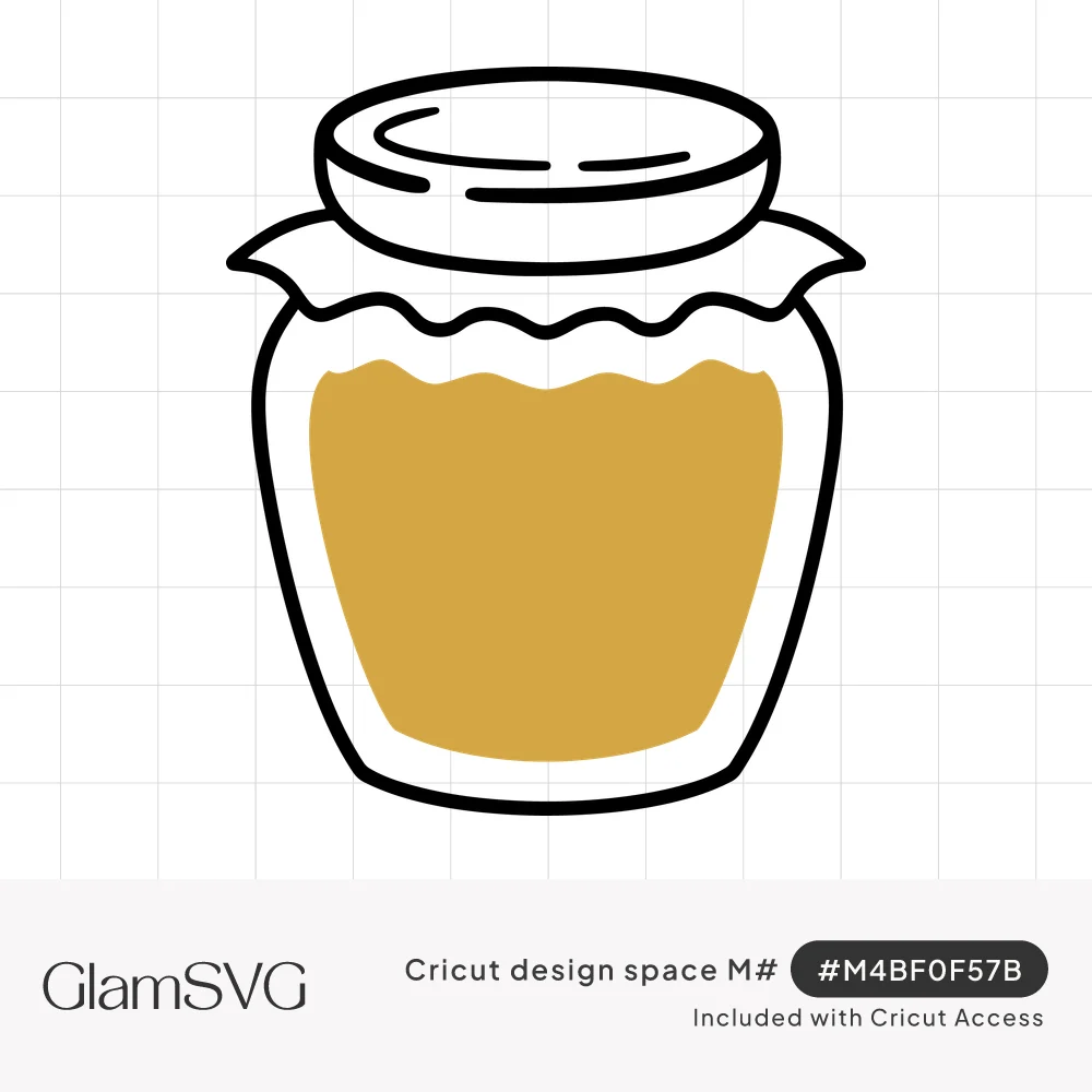 Line drawing of a jam jar with a round lid, ruffled cloth cover and golden yellow filling