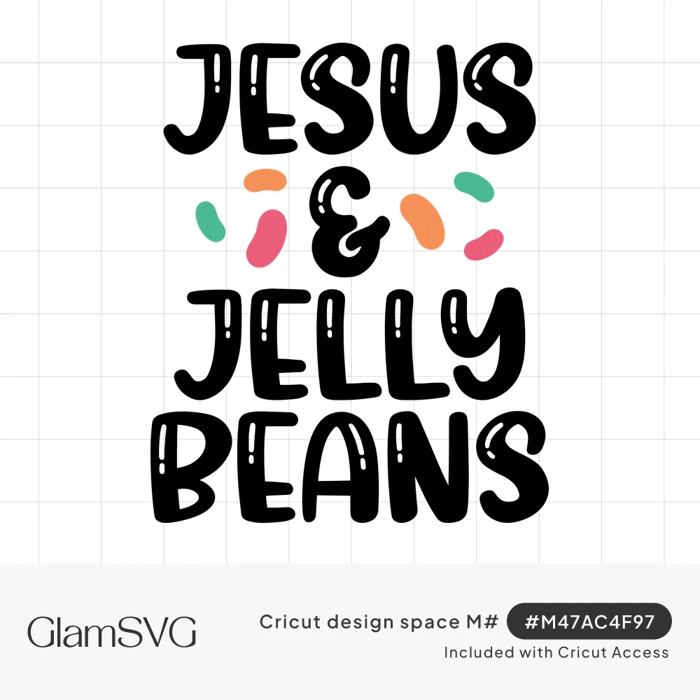 Black bubble letters reading Jesus & Jelly Beans with scattered pink, orange and green jelly beans around the ampersand