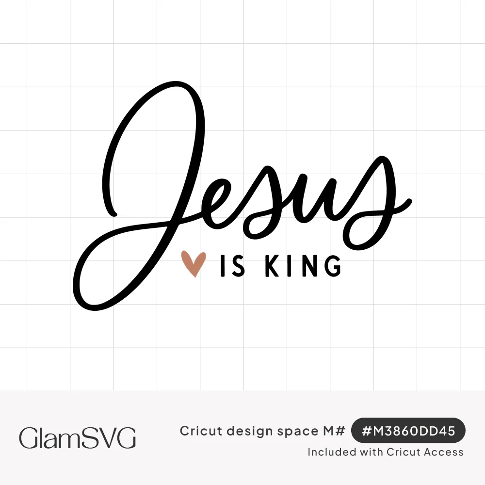 Black flowing script reading Jesus with IS KING in small capitals and a small pink heart beside it