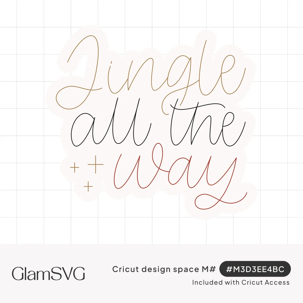 Jingle all the way in thin script lettering in gold, black and pink with small gold sparkle crosses