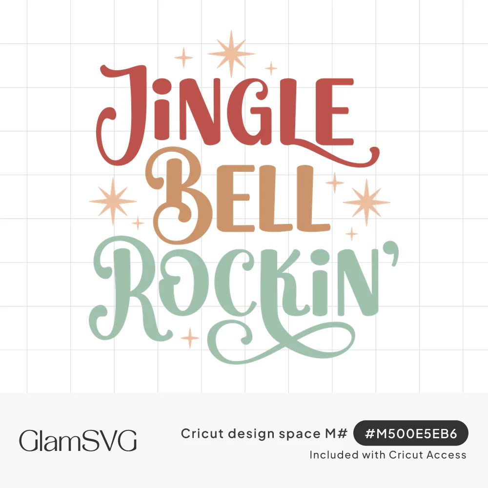 Jingle Bell Rockin' in swashy retro lettering in red, caramel and sage green with small peach sparkle stars