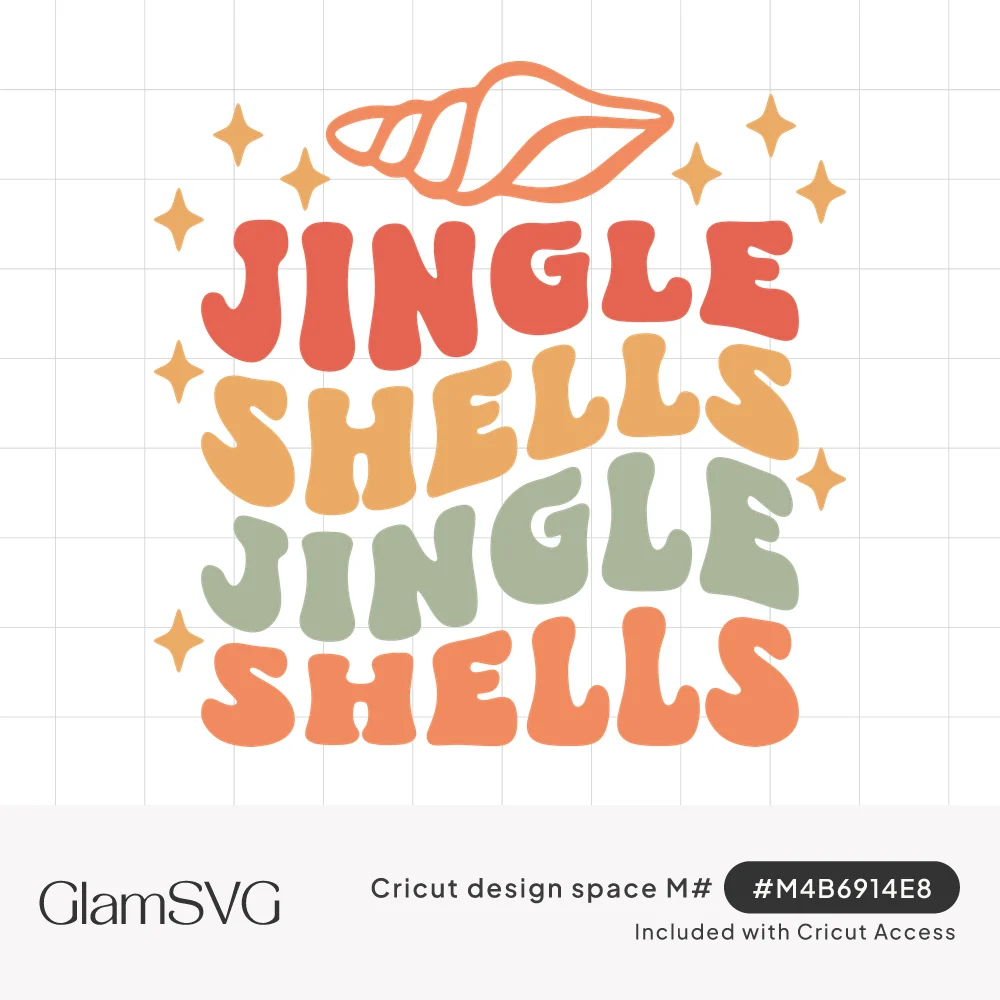 Wavy retro Jingle Shells lettering repeated twice in coral, mustard, sage and peach under a seashell with sparkles
