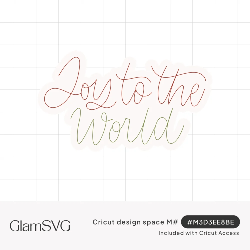 Joy to the World in thin flowing script, Joy to the in cranberry red and World in green, on a white outline