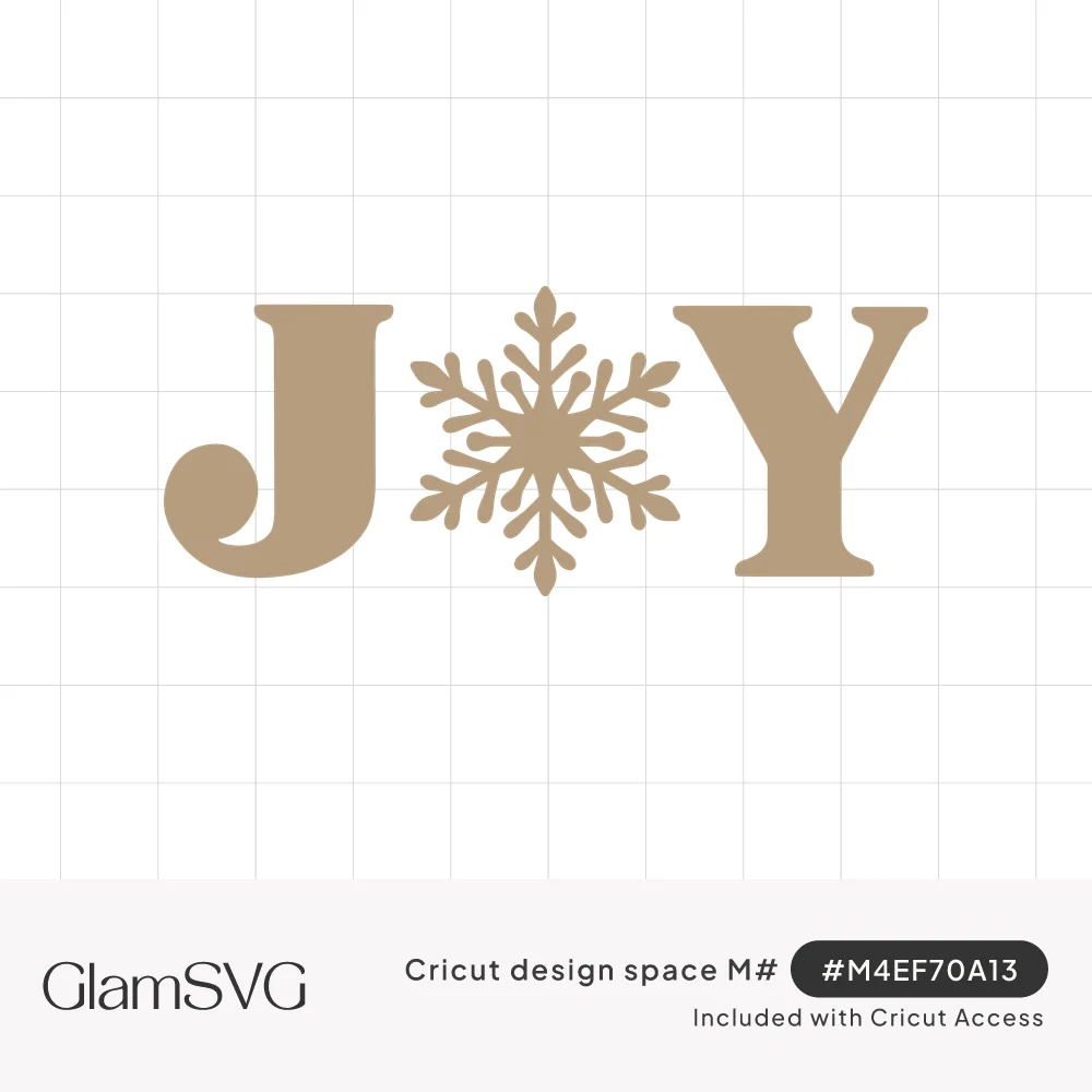 The word JOY in bold serif letters with a detailed snowflake replacing the letter O, in a warm tan color