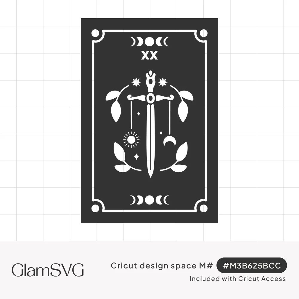 Tarot card numbered XX with a sword, hanging sun and crescent moon, leafy branches, stars and moon phases in a border