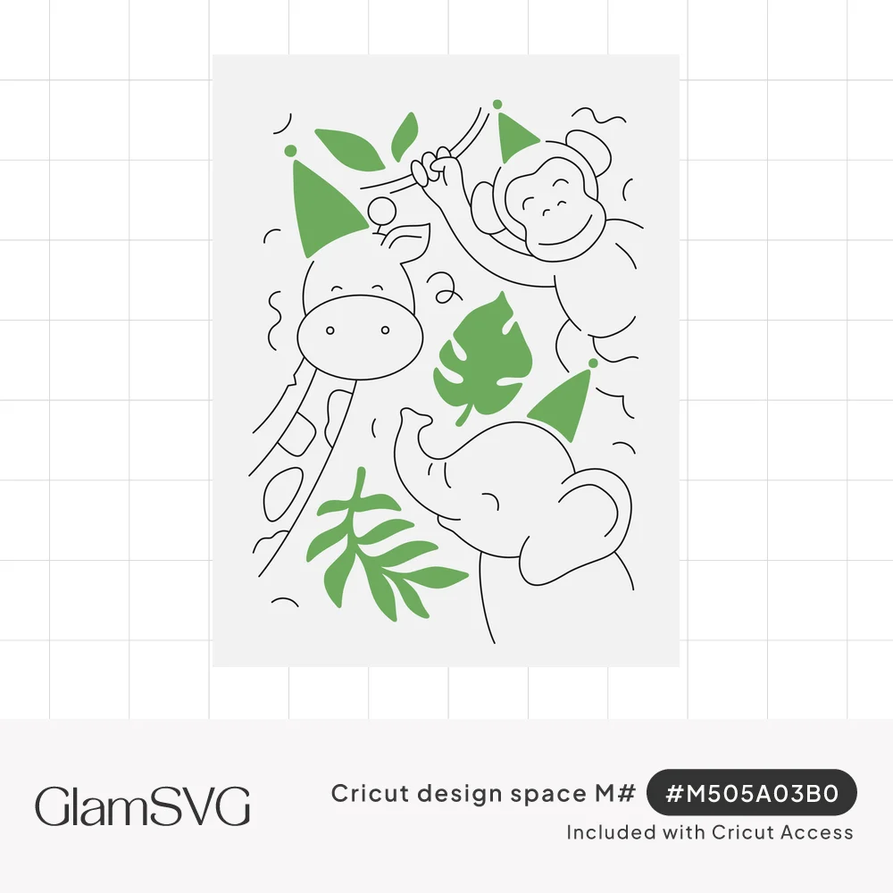 Line drawing of a giraffe, monkey and elephant wearing green party hats among green tropical leaves and confetti
