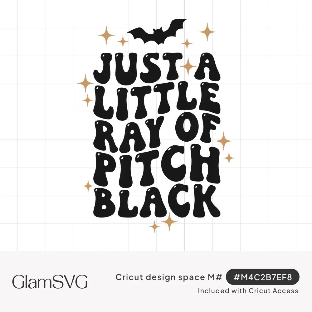 Wavy black bubble text reading just a little ray of pitch black with a small bat and gold sparkles around it