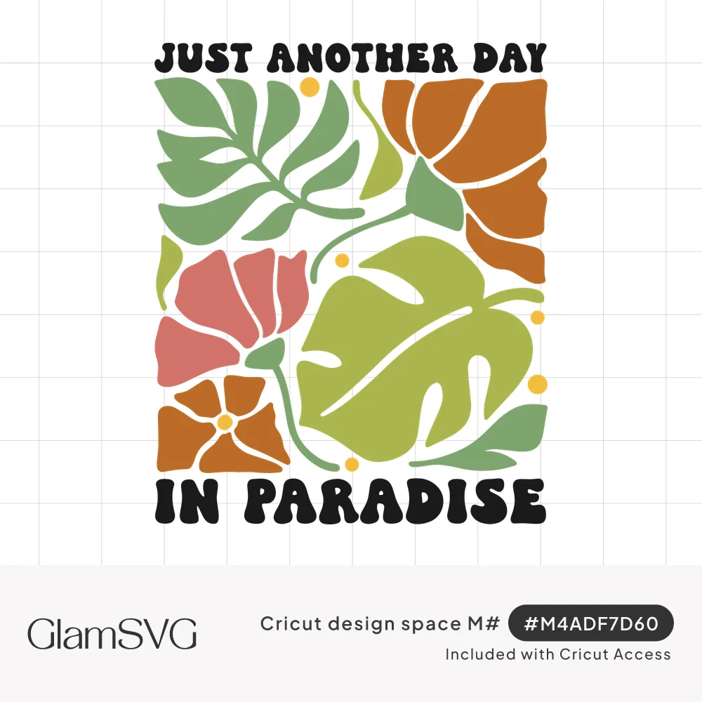 Retro text Just Another Day in Paradise framing a square of monstera leaves and tropical flowers in green, coral and orange