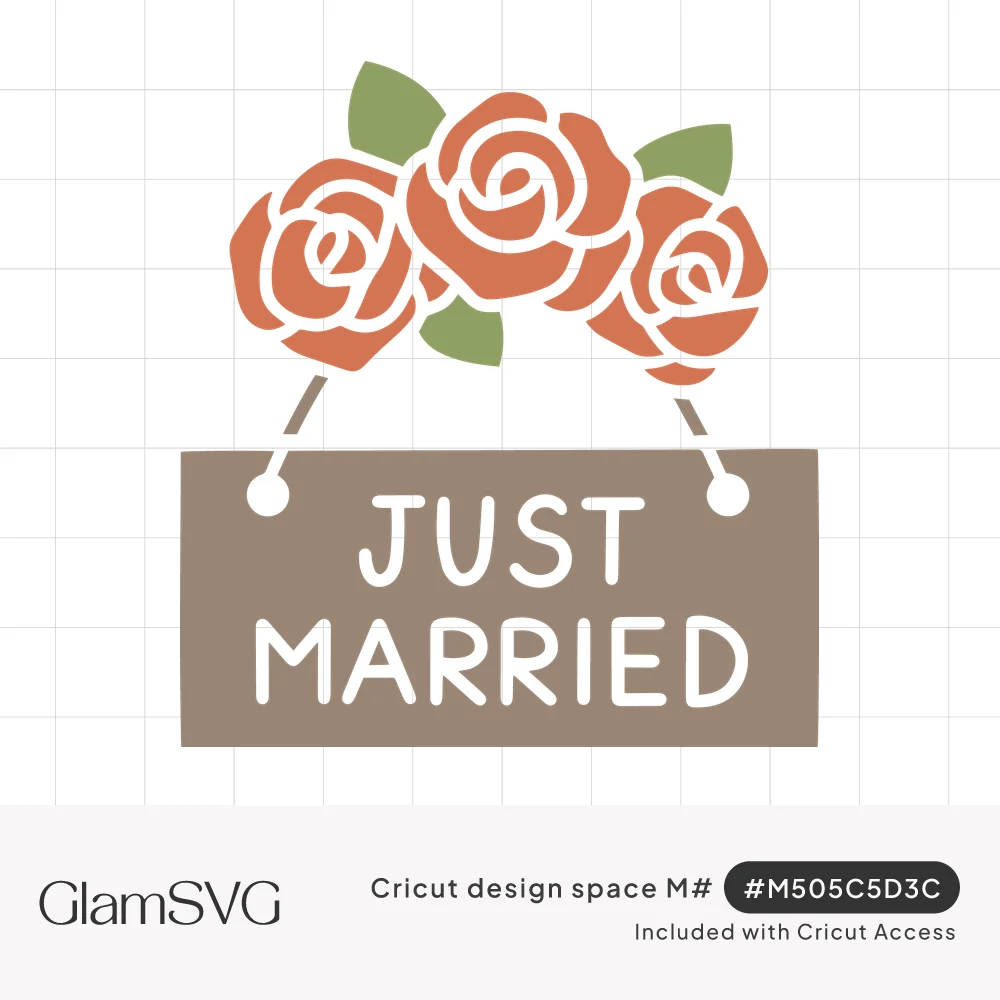 Taupe hanging sign reading Just Married in white letters, topped with three coral roses and green leaves