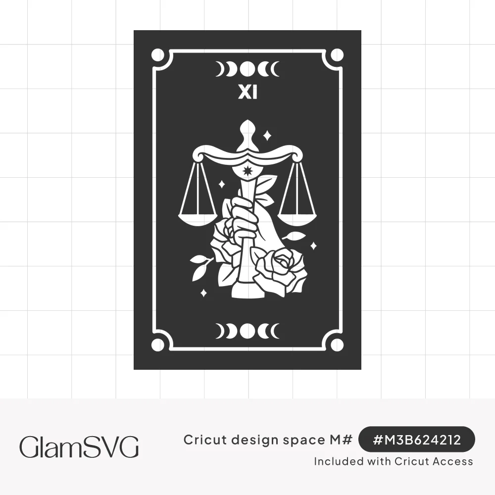 Justice tarot card XI with a hand holding a sword and balance scales, roses, stars and moon phases in a bordered frame