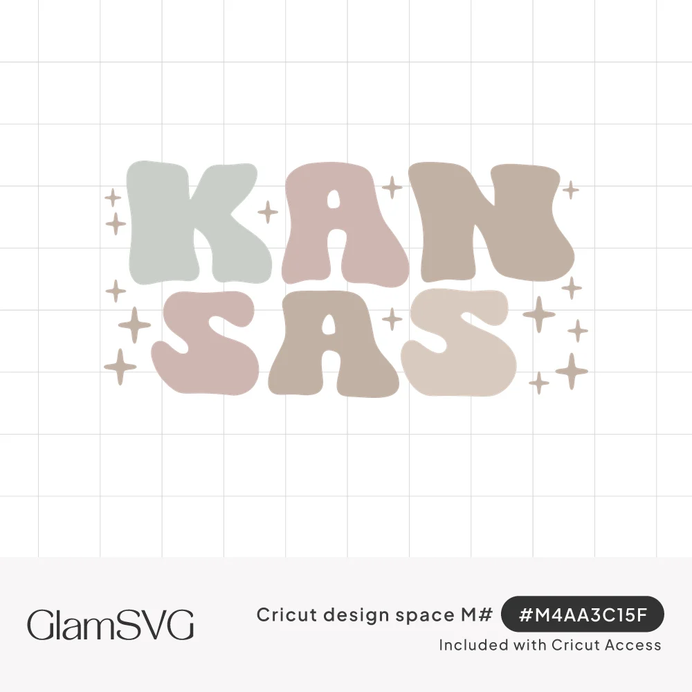 The word KANSAS in stacked puffy bubble letters in sage, dusty pink, taupe and cream with small sparkle stars around it