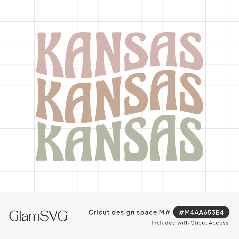The word Kansas repeated three times in wavy retro letters in dusty pink, terracotta and sage green