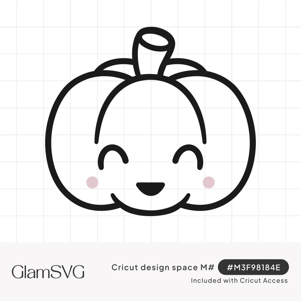 Black line drawing of a round pumpkin with a short stem, closed smiling eyes, a tiny smile and pink blush cheeks