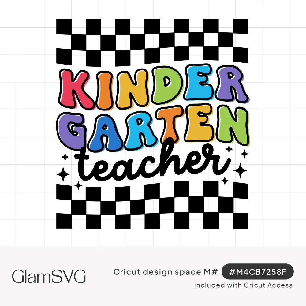 Rainbow bubble letters spelling Kindergarten with black script teacher, sparkles and wavy checkerboard bands