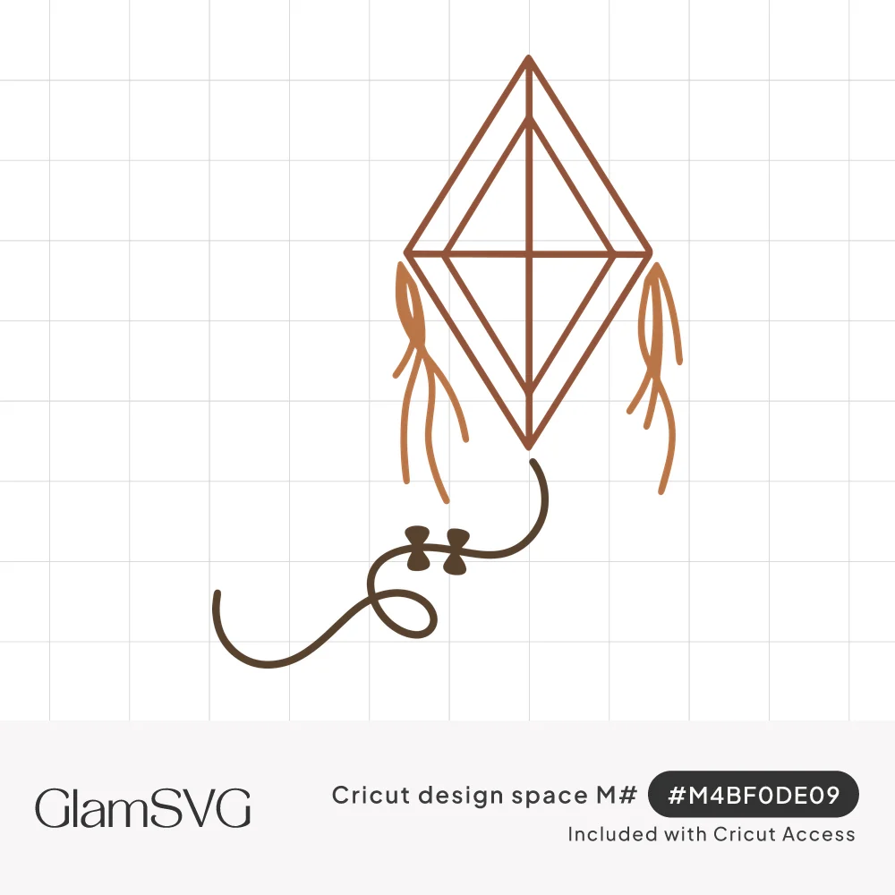 Line drawing of a brown diamond-shaped kite with crossbars, side tassels and a curly string tied with small bows