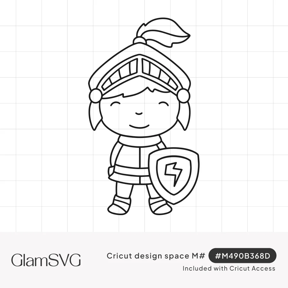 Line drawing of a smiling cartoon kid knight in a plumed helmet holding a shield with a lightning bolt