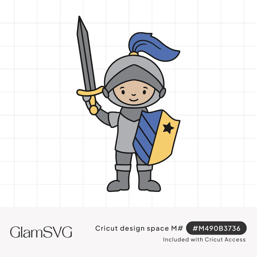 Cartoon child knight in gray armor holding a sword up, with a blue helmet plume and blue and yellow star shield