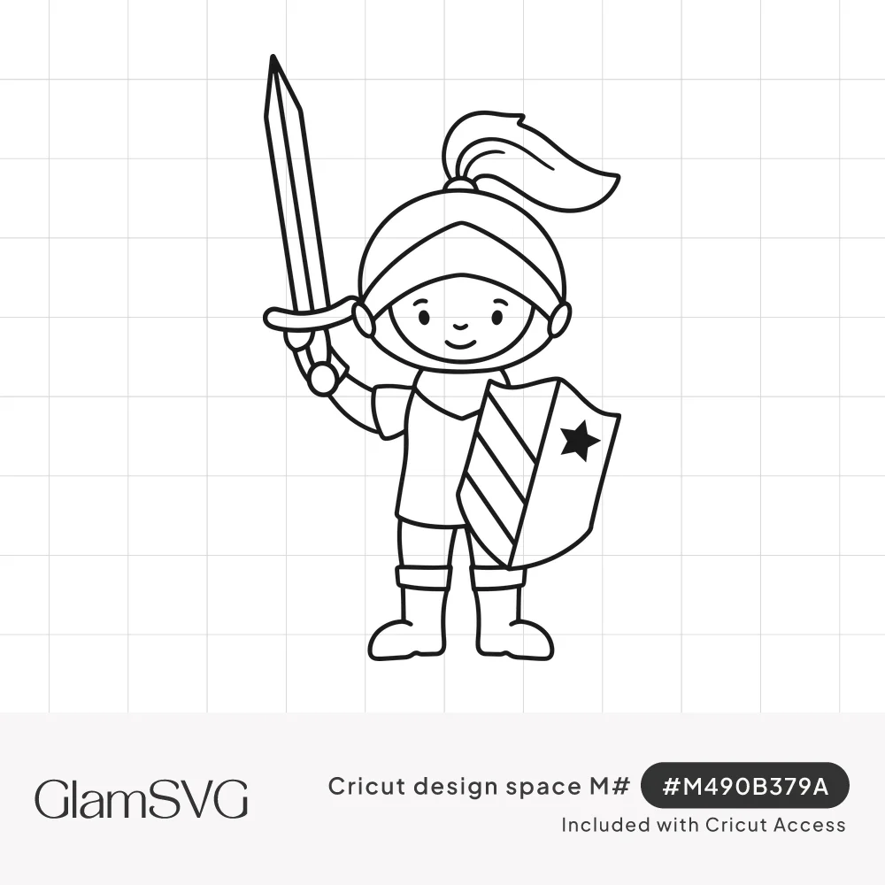 Line drawing of a smiling child knight raising a sword, wearing a plumed helmet and holding a striped shield with a star