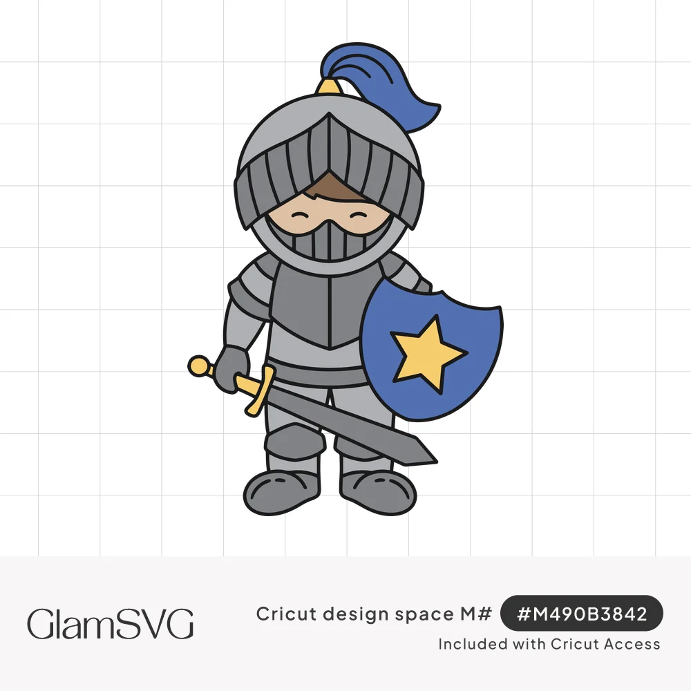 Cartoon knight in gray armor with a blue plume, holding a sword and a blue shield with a yellow star