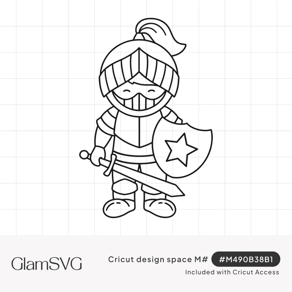 Cartoon line drawing of a smiling little knight in armor with a plumed helmet, holding a sword and a star shield