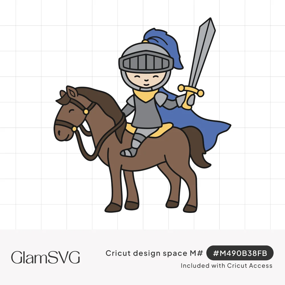 Cartoon smiling knight in gray armor with blue cape and plume raising a sword while riding a brown horse