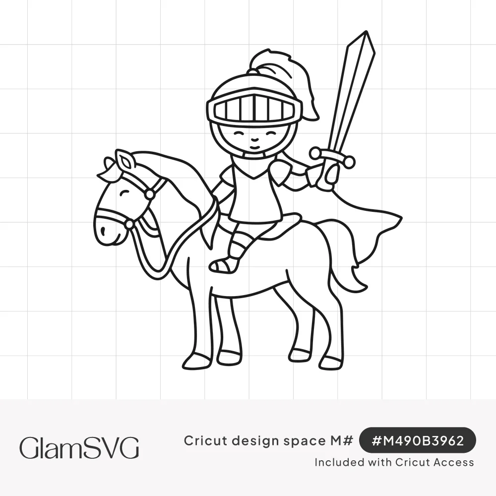 Line drawing of a smiling child knight in a plumed helmet and cape, holding a sword while riding a horse
