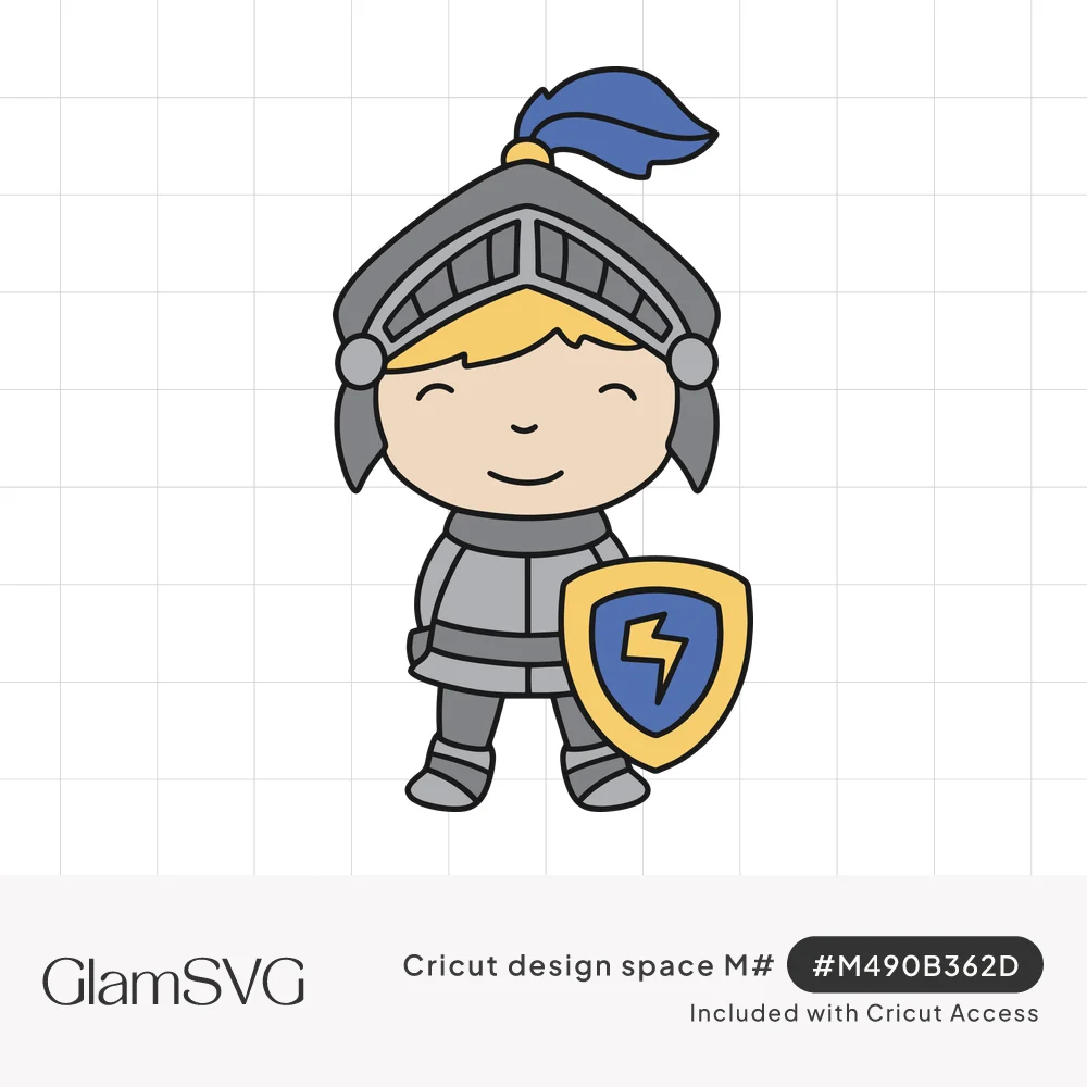 Cartoon little knight in gray armor and helmet with blue plume, smiling, holding a gold and blue lightning bolt shield