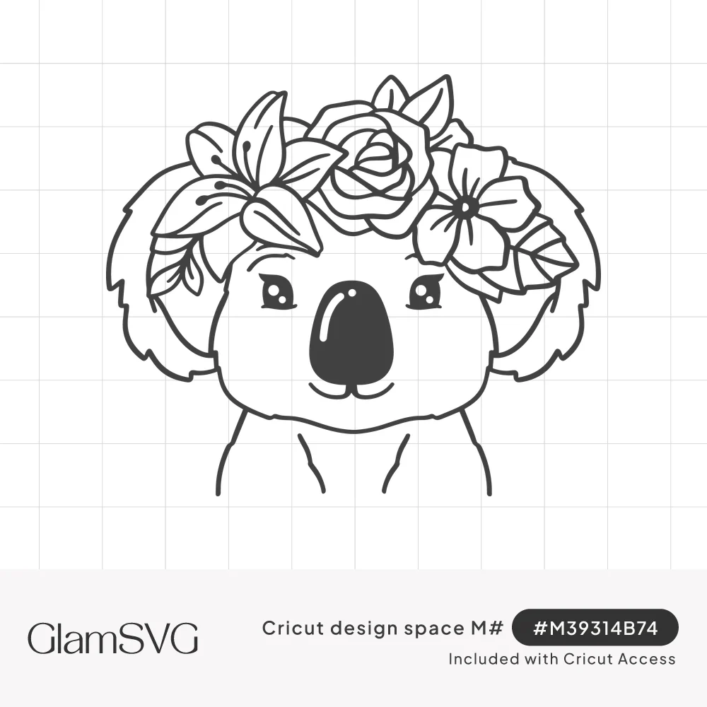 Black line drawing of a cute koala face wearing a flower crown of roses, lilies and leaves