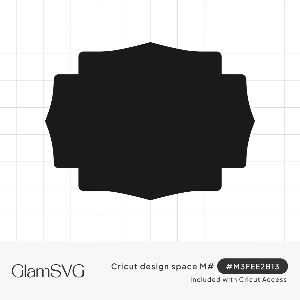 Solid black decorative label shape with stepped corners and curved bracket edges on a white background
